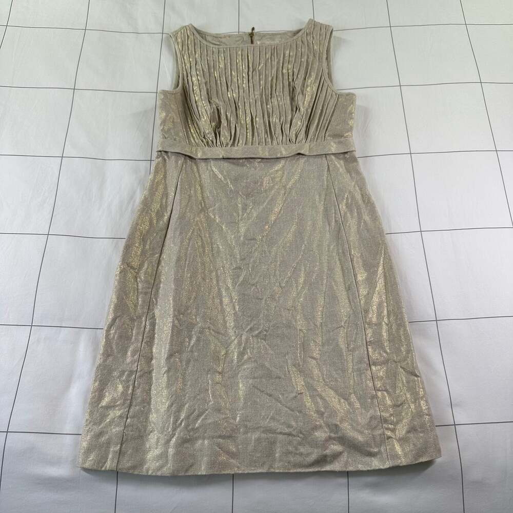 Shoshanna Dress Womens 4 Gold Tan Linen Metallic Sheath Sleeveless Party Classic